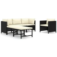 vidaXL 6-delige Loungeset met kussens poly rattan zwart - thumbnail