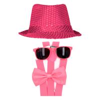 Carnaval verkleed set compleet - hoedje/bretels/bril/strikje - fuchsia roze - heren/dames - glimmend