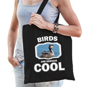 Katoenen tasje birds are serious cool zwart - vogels/ fuut vogel cadeau tas