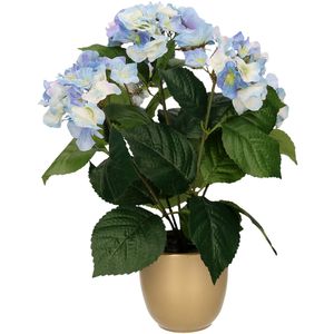 Hortensia kunstplant/kunstbloemen 40 cm - blauw - in pot mat goud