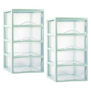 Ladeblokje/bureau organizer - 2x - 4 lades - transparant/mintgroen - L26 x B36 x H49 cm - plastic