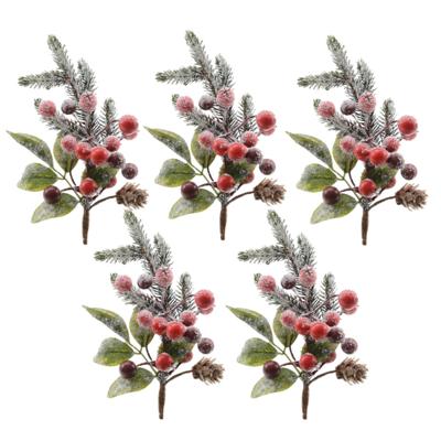 Kerststukje instekertjes - 5x - bessen/sneeuw - groen/rood - 20 cm