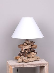 Schemerlamp drijfhout, 40 cm. lampenkap wit