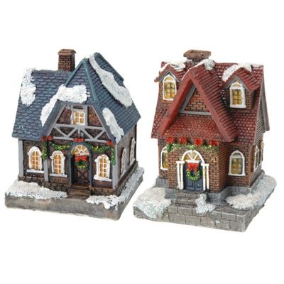 2x Kersthuisjes/kerstdorpje met gekleurde verlichting 13 cm