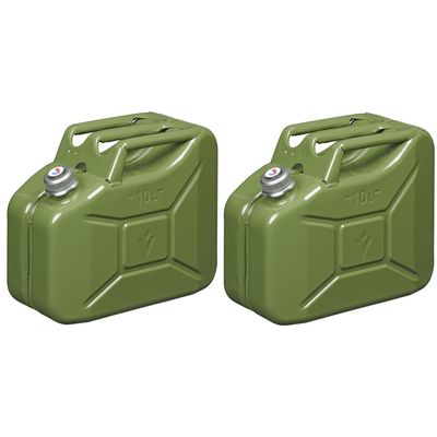 Set van 2x stuks metalen jerrycans met magnetische dop legergroen voor brandstof 10 liter
