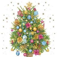 Daisy kerst thema servetten - 20x st - 33 x 33 cm - versierde kerstboom - papier