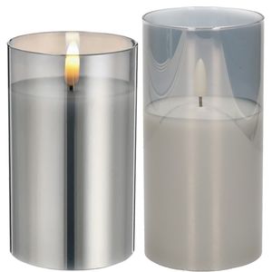 Set van 2x luxe led kaarsen in grijs glas 12.5 en 15 cm met timer