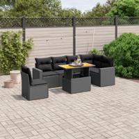 7-delige Loungeset met kussens poly rattan zwart