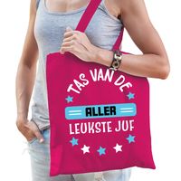 Cadeau tas voor juf - fuchsia roze/blauw - katoen - 42 x 38 cm - Tas van de aller leukste juf