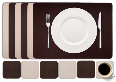 Cookinglife 6 Placemats + 6 Onderzetters - Dubbelzijdig - Vegan leer - Bruin / Zand