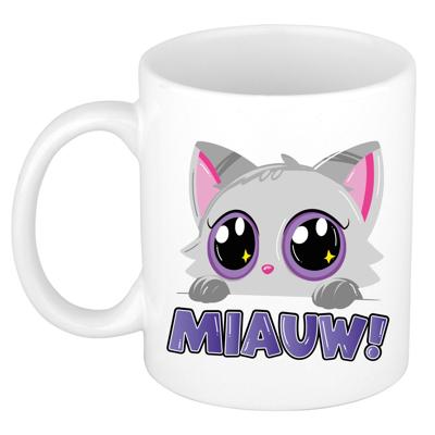 Cadeau koffie/thee mok - poes/kat - Miauw - paars - 300 ml - keramiek - katten mok