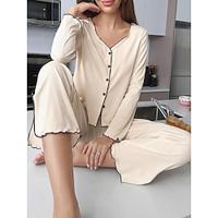 Dames Pyjama Sets Heldere kleur Modieus Basic Comfortabel Huis Dagelijks Bed Polyester Ademend V-Wire Lange mouw Pantalon Elastische taille Herfst Winter Beige Lightinthebox - thumbnail