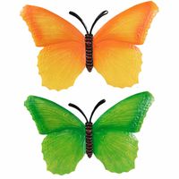 Set van 2x stuks tuindecoratie muur/wand vlinders van metaal in groen en oranje tinten 40 x 25 cm - Tuinbeelden