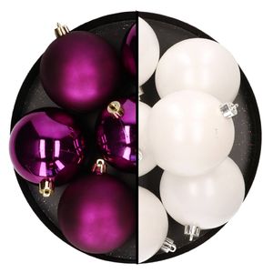 Decoris kerstballen - 12x st - 8 cm - wit en paars - kunststof - Kerstbal