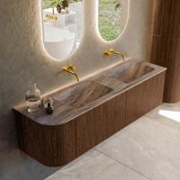 Badmeubel Mondiaz Kurve-Dlux | 155 cm | Meubelkleur Walnut | Wastafelkleur Oza | Solid surface | Dubbel / Rechts spoelbak | Zonder kraangat(en)