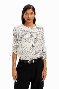 Blouse met verstelbare mouwen en tekstopdruk. - WHITE - L