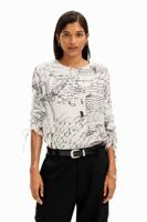 Blouse met verstelbare mouwen en tekstopdruk. - WHITE - L - thumbnail