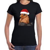 Kerst T-shirt voor dames - kip met kerstmuts - zwart - Kerstfeest Kerst T-shirt voor dames - kip met kerstmuts - zwart - Kerstfeest