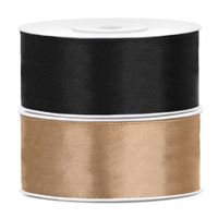 Bellatio decorations 2x rollen satijn sierlint 2.5 cm x 25 meter goud en zwart