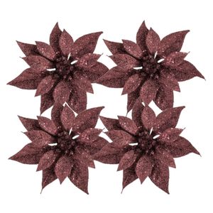 4x stuks decoratie bloemen kerstster donkerrood glitter op clip 18 cm