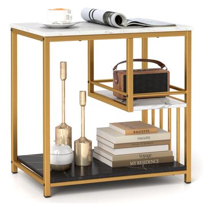3 Niveaus Bijzettafel van Imitatiemarmer met Opbergplanken Luxe Rechthoekige Bijzettafel met Metalen Frame Modern Nachtkastje