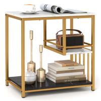 3 Niveaus Bijzettafel van Imitatiemarmer met Opbergplanken Luxe Rechthoekige Bijzettafel met Metalen Frame Modern Nachtkastje
