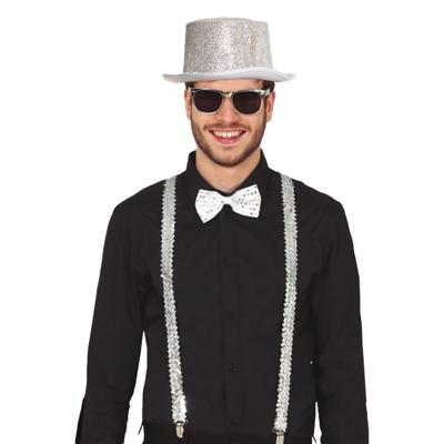 Carnaval verkleed set - zilver - hoed/bretels/party bril/strik- volwassenen/unisex - feestkleding