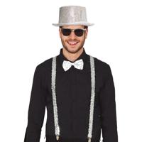 Carnaval verkleed set - zilver - hoed/bretels/party bril/strik- volwassenen/unisex - feestkleding