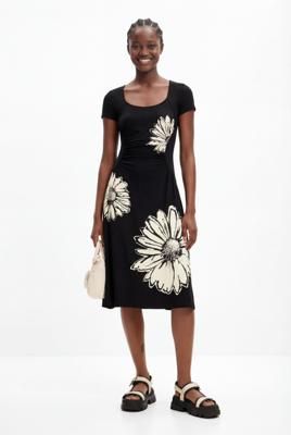 Midi-jurk met korte mouwen, halslijn en madeliefjes. - BLACK - S Midi-jurk met korte mouwen, halslijn en madeliefjes. - BLACK - S