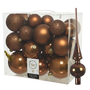 Set van 26x stuks kunststof kerstballen incl. glazen piek glans kaneel bruin