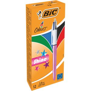 Bic Colours Shine 4-kleurenbalpen, medium, klassieke inktkleuren, lichaam metallic roze