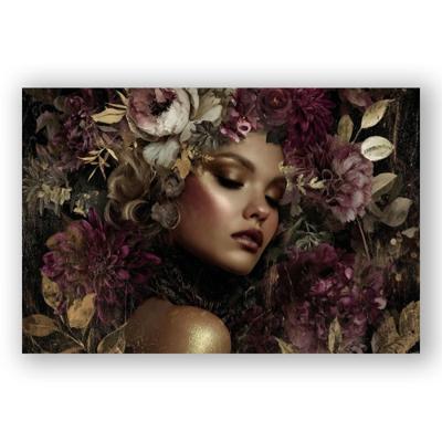 Glasschilderij - Gouden vrouw in bloemen - 160 x 110 cm