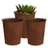 Plantenpot/bloempot emmer voor buiten - 3x - zink - roestbruin - D15 x H16 cm