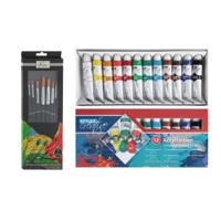 Acrylverf schilderset - 12x gekleurde tubes van 12 ml - met 7x schilderpenselen - kids/adults - thumbnail