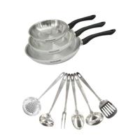 Set di 3 padelle in acciaio inox da 20, 24 e 28 cm e 6 utensili in acciaio inox Fackelmann Ginevra