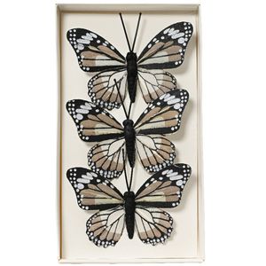 Decoris decoratie vlinders op draad - 3x - bruin tinten - 8 x 6 cm - Hobbydecoratieobject
