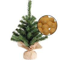 Mini kerstboom groen - met verlichting bollen okergeel - H45 cm