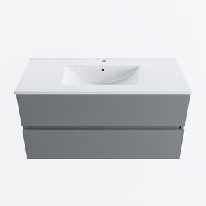 MONDIAZ VICA 100cm badmeubel onderkast Plata 2 lades. Wastafel DENIA midden 1 kraangat, kleur Glanzend Wit.