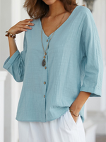 V Neck Cotton-Blend Linen Plain Blouse