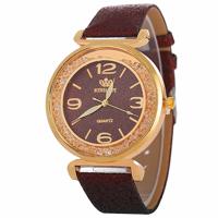 FULAIDA vrouwen Strass goud poeder PU lederen riem quartz horloge (bruin)