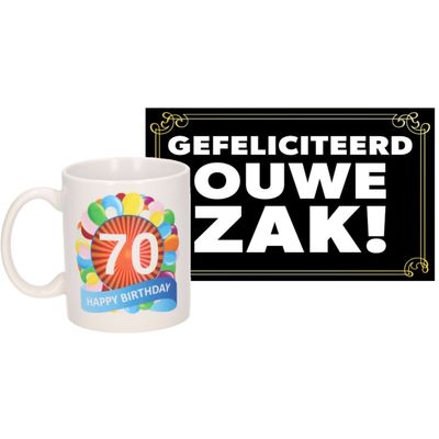 Verjaardag cadeau mok/beker 70 jaar print 300 ml + A5-size wenskaart ouwe zak