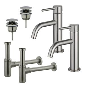 Fortifura Calvi Slim Wastafelkraanset - voor dubbele wastafel - lage wastafelkraan - klikwaste plug - design sifon - Geborsteld RVS PVD (RVS) 2x SW377858/2x SW696201/2x SW696212