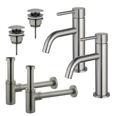 Fortifura Calvi Slim Wastafelkraanset - voor dubbele wastafel - lage wastafelkraan - klikwaste plug - design sifon - Geborsteld RVS PVD (RVS) 2x SW377858/2x SW696201/2x SW696212