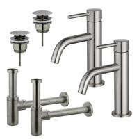 Fortifura Calvi Slim Wastafelkraanset - voor dubbele wastafel - lage wastafelkraan - klikwaste plug - design sifon - Geborsteld RVS PVD (RVS) 2x SW377858/2x SW696201/2x SW696212