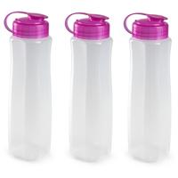 Plasticforte waterfles - 3x stuks - 1000 ml - transparant met dop roze - drinkfles - sport
