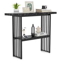 2-niveaus Console Tafel met Marmerlook Smalle Bijzettafel Haltafel met Metalen Frame Zwart