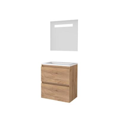 Basic-Line Economic 39 Badkamermeubelset - Ondiep - 60 x 39 cm - Greeploos - 2 Lades - Keramische Wastafel - 1 Kraangat - Spiegel met LED Verlichting - Whisky Oak