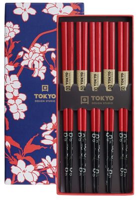 Chopsticks Set Rood Zwart Bloem - Tokyo Design Studio - 5 paar