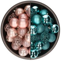 74x stuks kunststof kerstballen mix van lichtroze en turquoise blauw 6 cm - Kerstbal