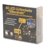 Draadverlichting zilver met gekleurde LED lampjes 6 meter op batterijen met timer